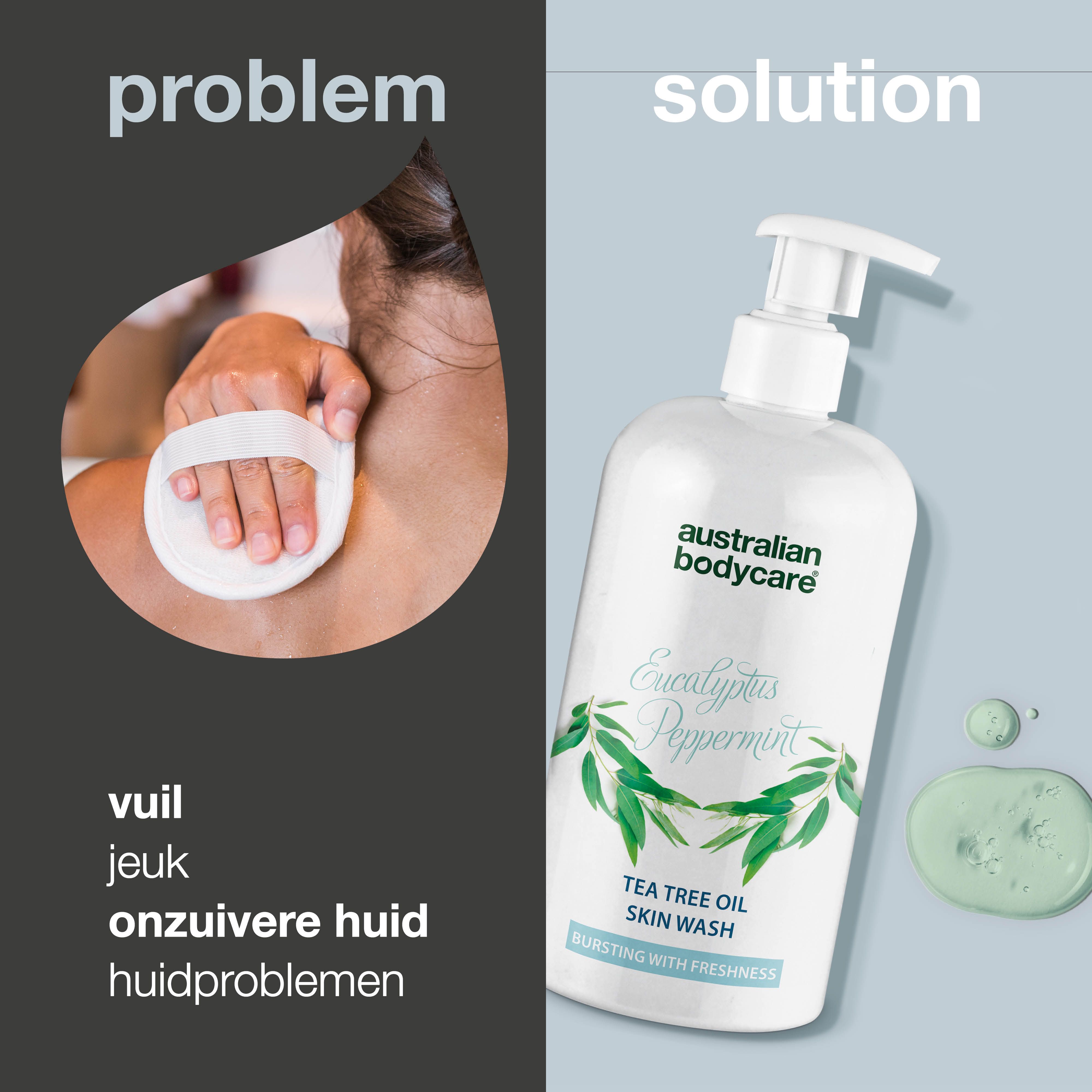 Productafbeelding en tekst. Fles met pomp. Tekst: probleem, jeuk, onzuivere huid, huidproblemen.