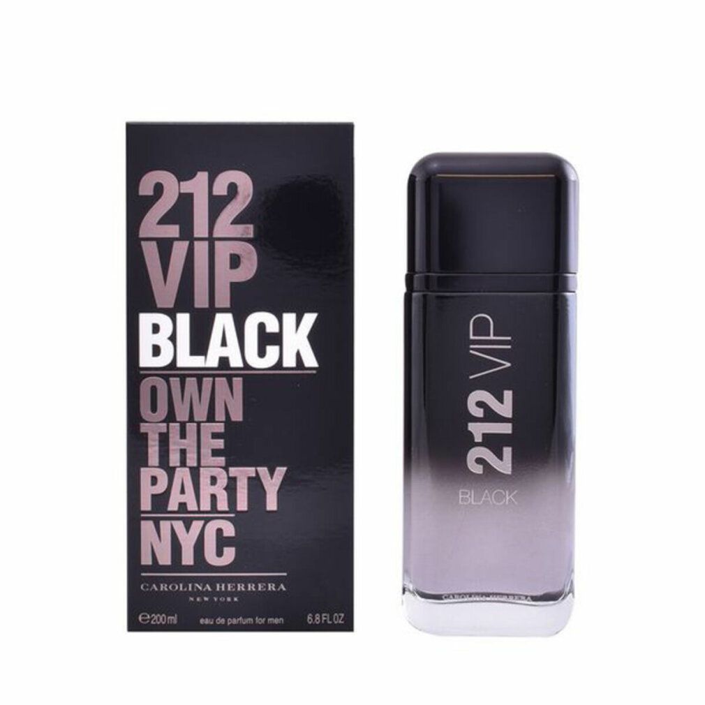 Flacon et boîte noirs. Inscription : 212 VIP BLACK, Carolina Herrera. Flacon avec dégradé de couleurs.