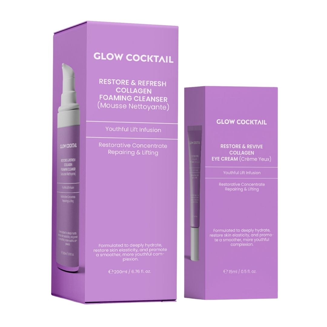 Deux produits et emballages. Gel nettoyant et crème pour les yeux. Emballage violet avec texte blanc. Noms et détails des produits visibles.