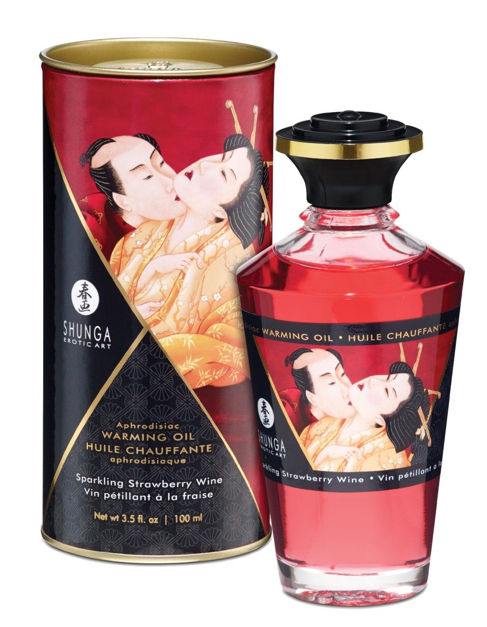 Rode fles en doos met etiketten. Opschrift: Shunga, Warming Oil, aardbei aroma. Illustratie: kussend paar.