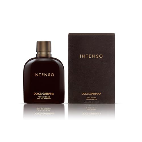 Donkerbruine fles en verpakking. Opschrift INTENSO, DOLCE & GABBANA, Pour Homme. EdP Nat. Spray. 100 ml.