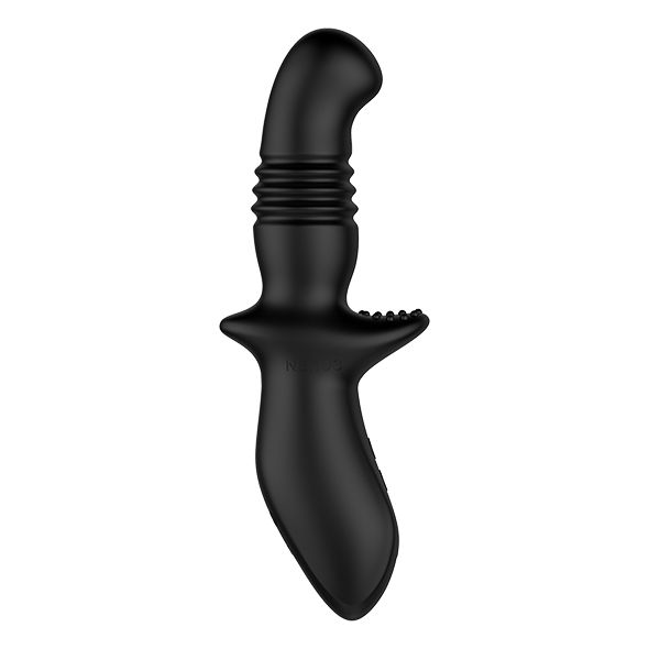 Produit de bien-être noir. Forme avec poignée, section cannelée et zone surélevée. Sur fond blanc.