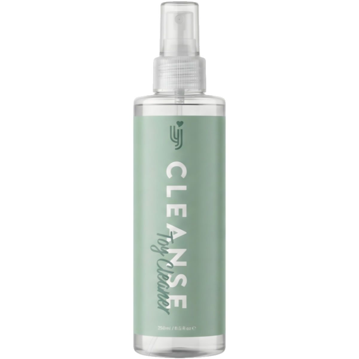 Transparante spuitfles met groen etiket. Opschrift: CLEANSE Toy Cleaner. Met spuitkop.