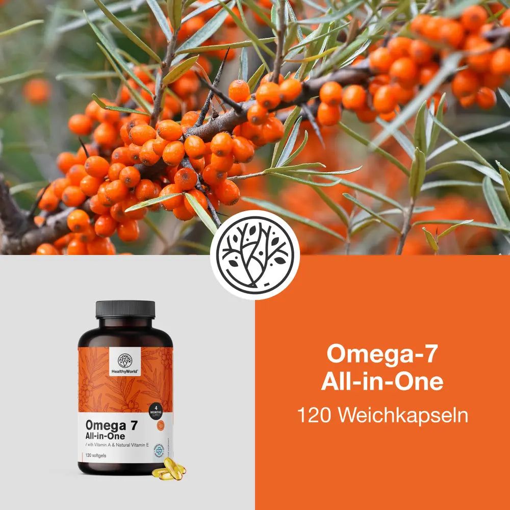 Image du produit Omega-7 All-in-One à côté d'une branche d'argousier. Inscription: HealthyWorld, 120 gélules molles. Avec Vitamine A & E.