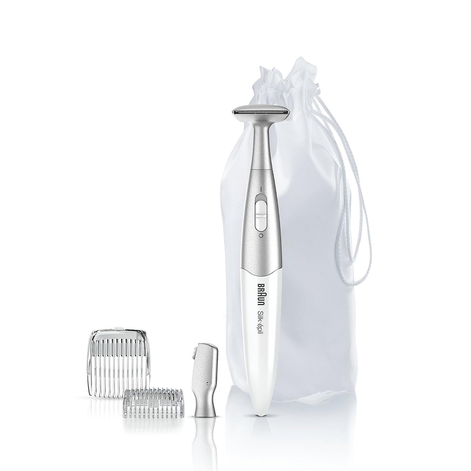 Braun Silk-épil trimmer met accessoires: opzetstukken en zakje.