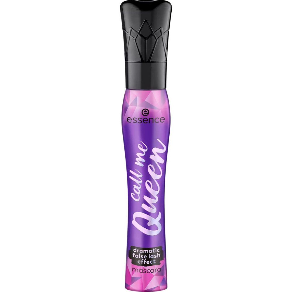 Mascara Essence Call Me Queen. Tube violet avec bouchon noir. Texte: dramatic false lash effect mascara.
