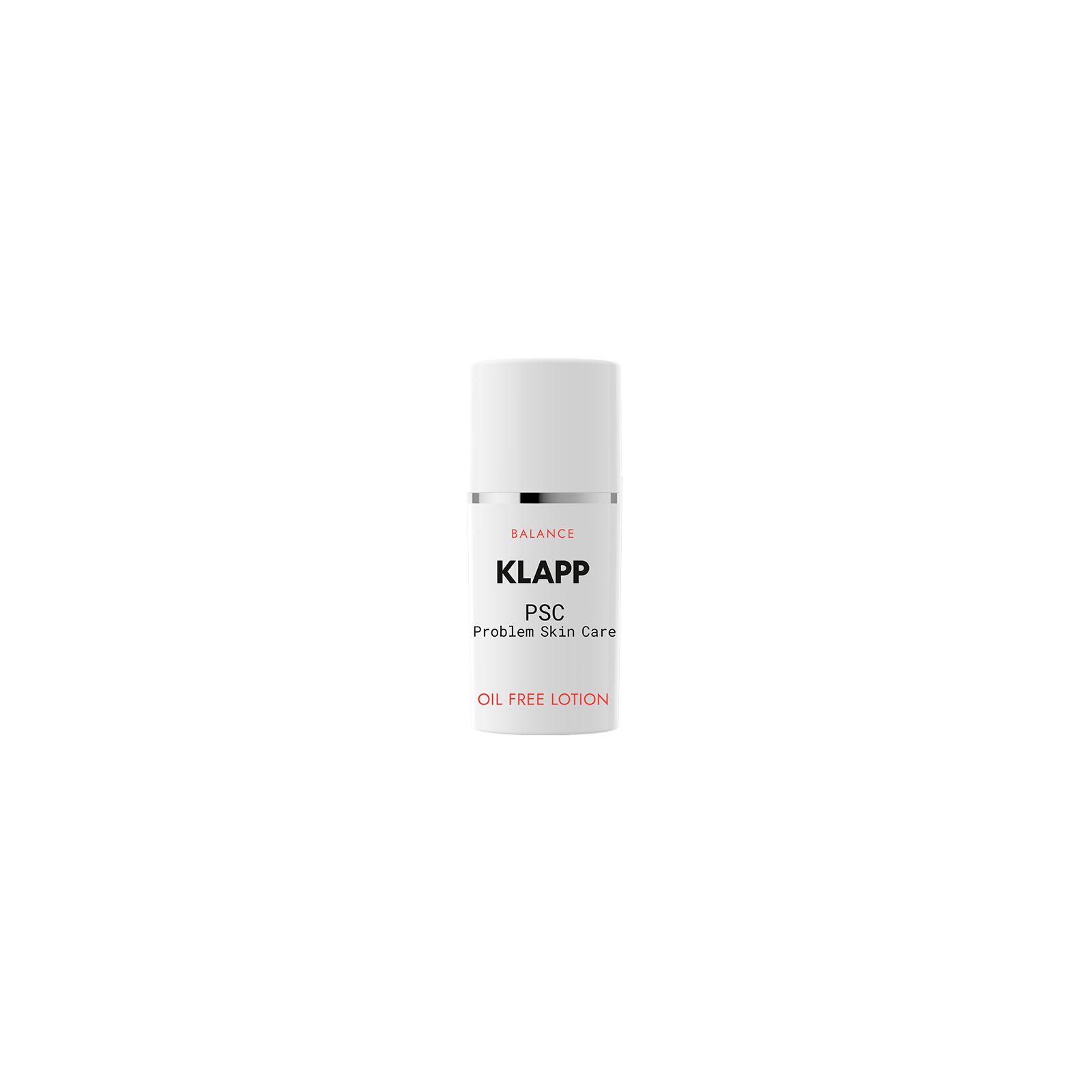 Klapp PSC Oil Free Lotion. Witte fles met zilveren ring en zwarte tekst.