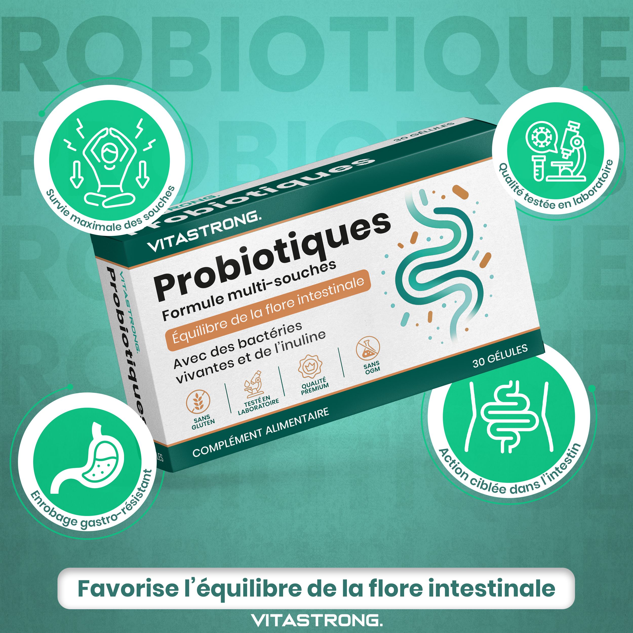 Doosje Vitastrong Probiotica. Tekst: Bevordert de balans van de darmflora. 30 capsules. Vitastrong.