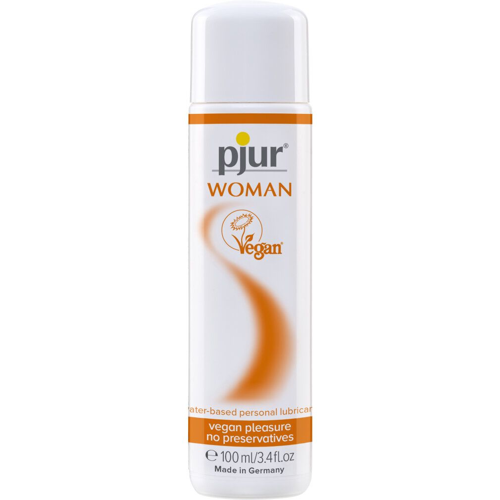 Flacon blanc avec étiquette orange. Inscription: pjur WOMAN Vegan. Lubrifiant personnel à base d'eau. Vegan, sans conservateurs.