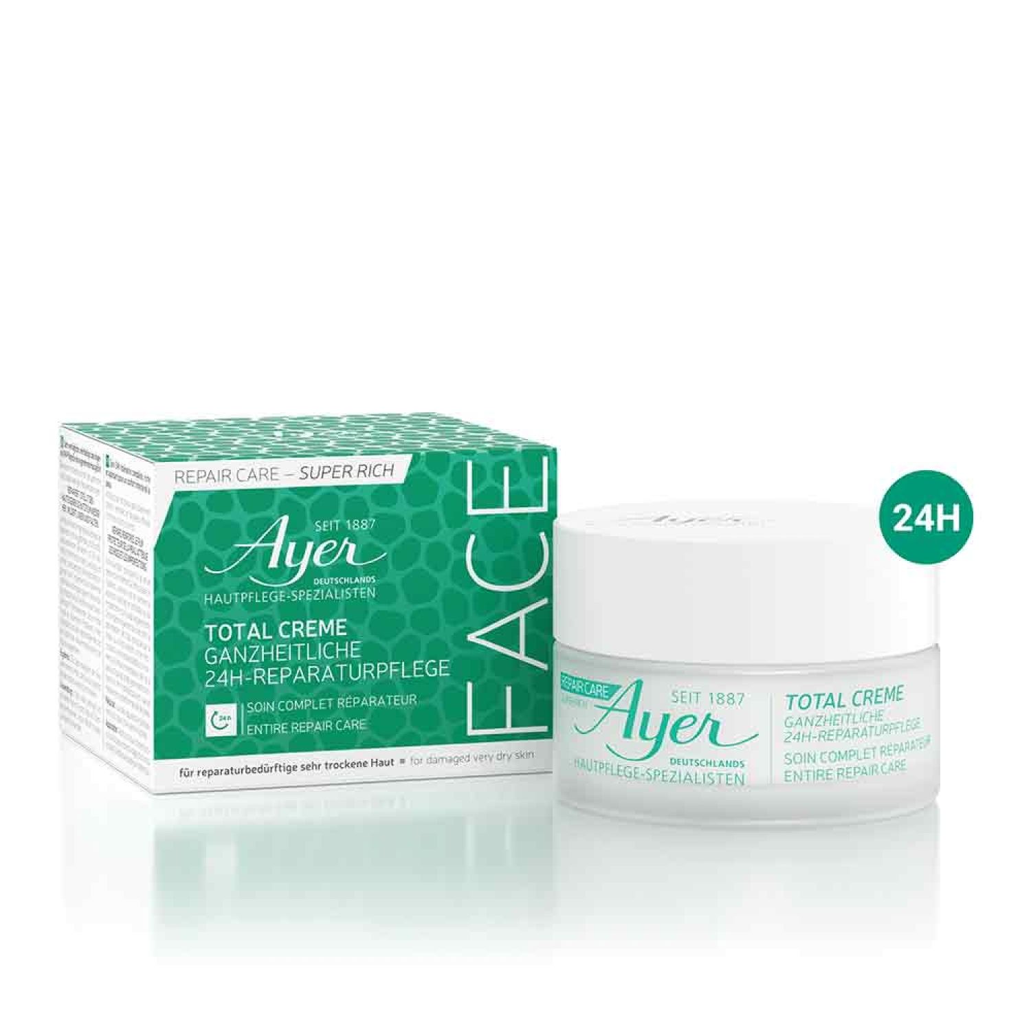Ayer Total Creme, pot en verpakking. Opschrift: 24H herstelverzorging. Groen-witte verpakking.
