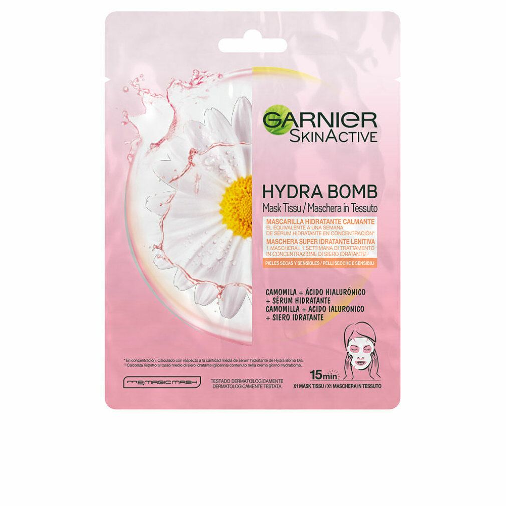 Garnier Skinactive Hydrabomb gezichtsmasker. Roze verpakking met kamillebloem illustratie en productinformatie.