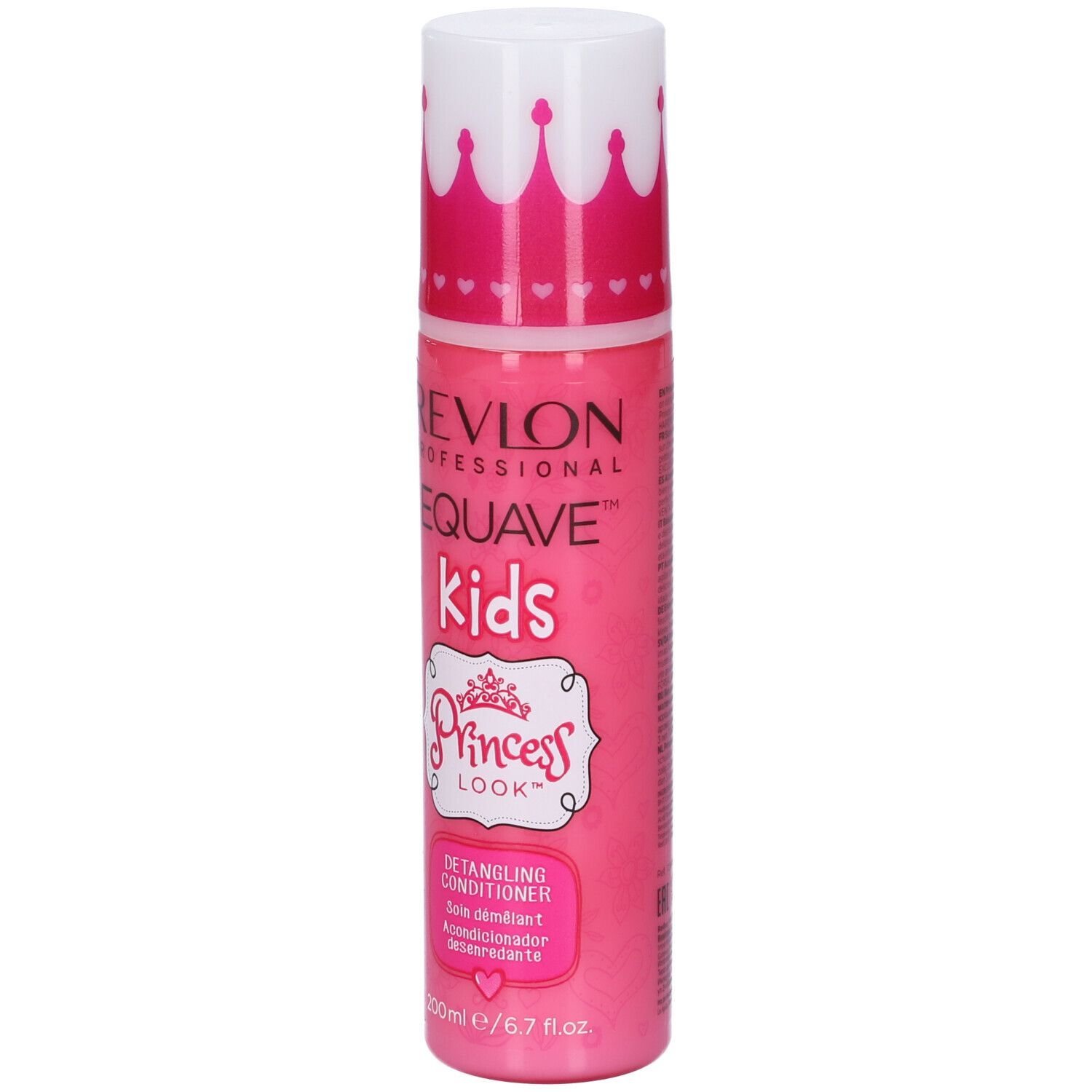 Flacon rose avec bouchon blanc. Inscription: Revlon Equave Kids Princess Look. Démêlant.