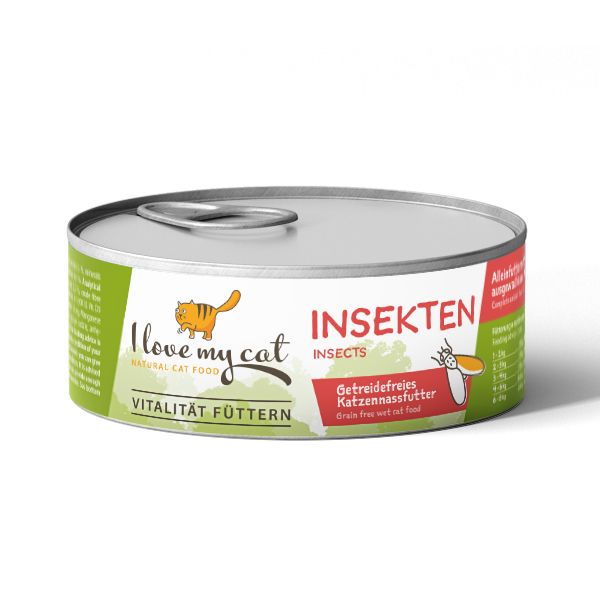 Boîte de nourriture pour chats avec étiquette verte. Inscription : I love my cat, Insekten. Nourriture pour chats sans céréales. Avec languette.