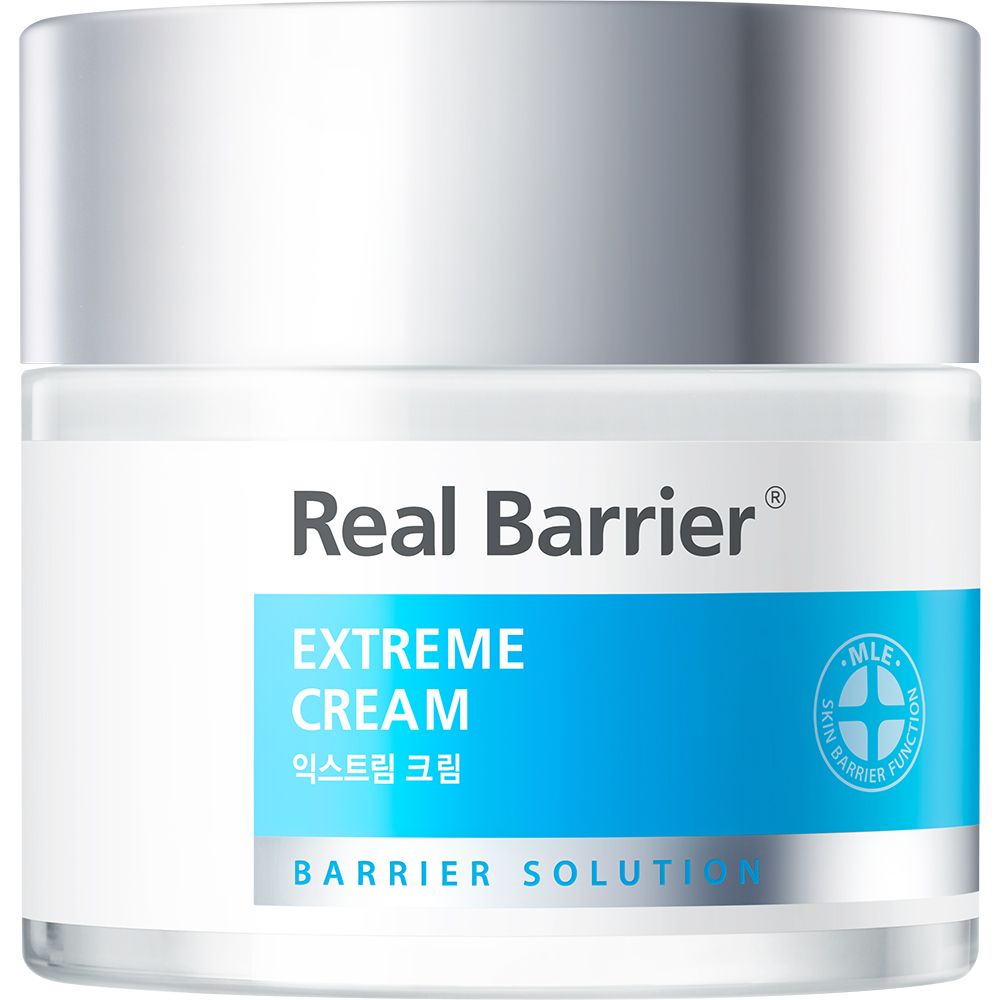 Crèmepot met zilveren deksel. Opschrift: Real Barrier, Extreme Cream, Barrier Solution. Blauwe en witte kleurstelling.