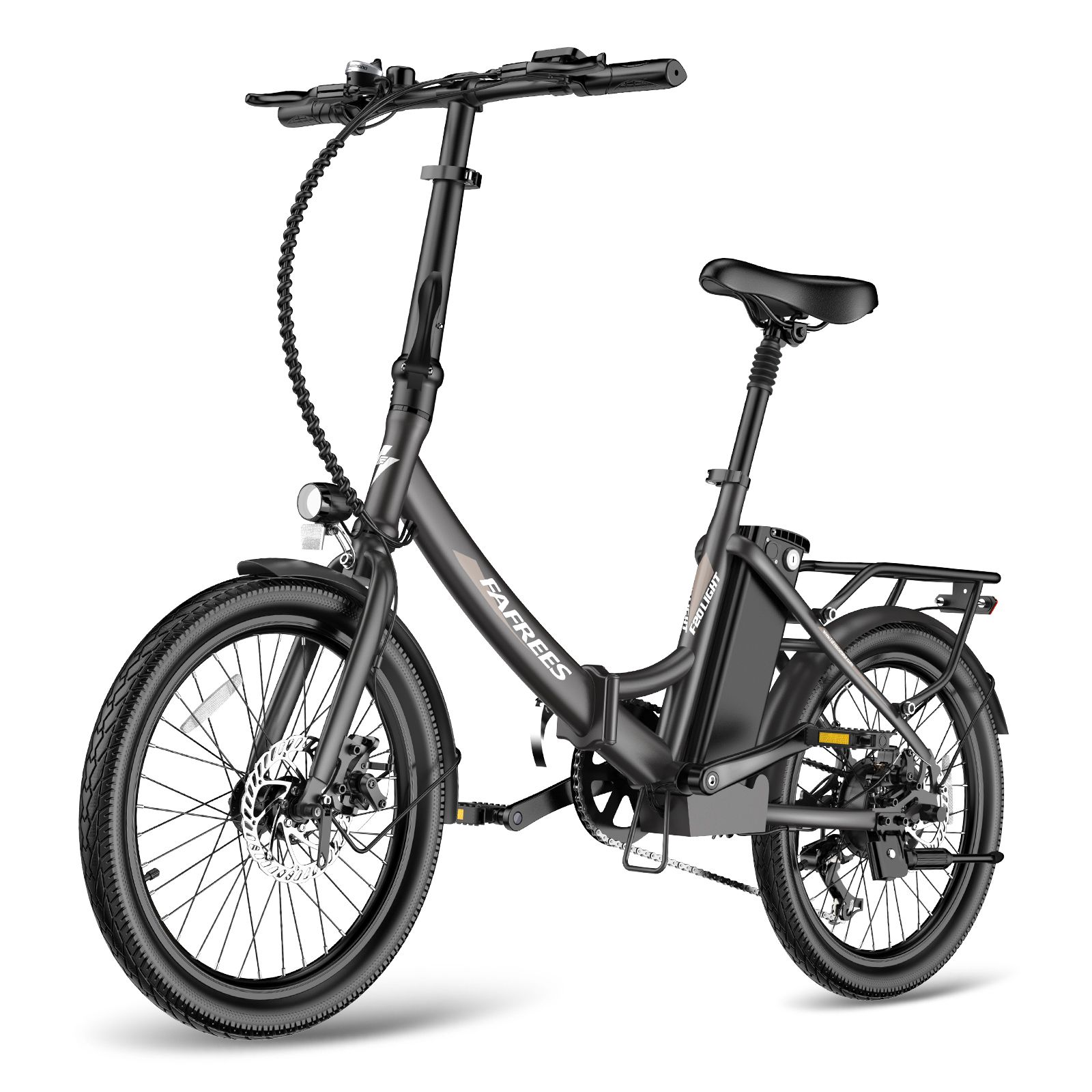 Zwarte opvouwbare e-bike met bagagerek, koplamp en accu. Merk FAFREES.