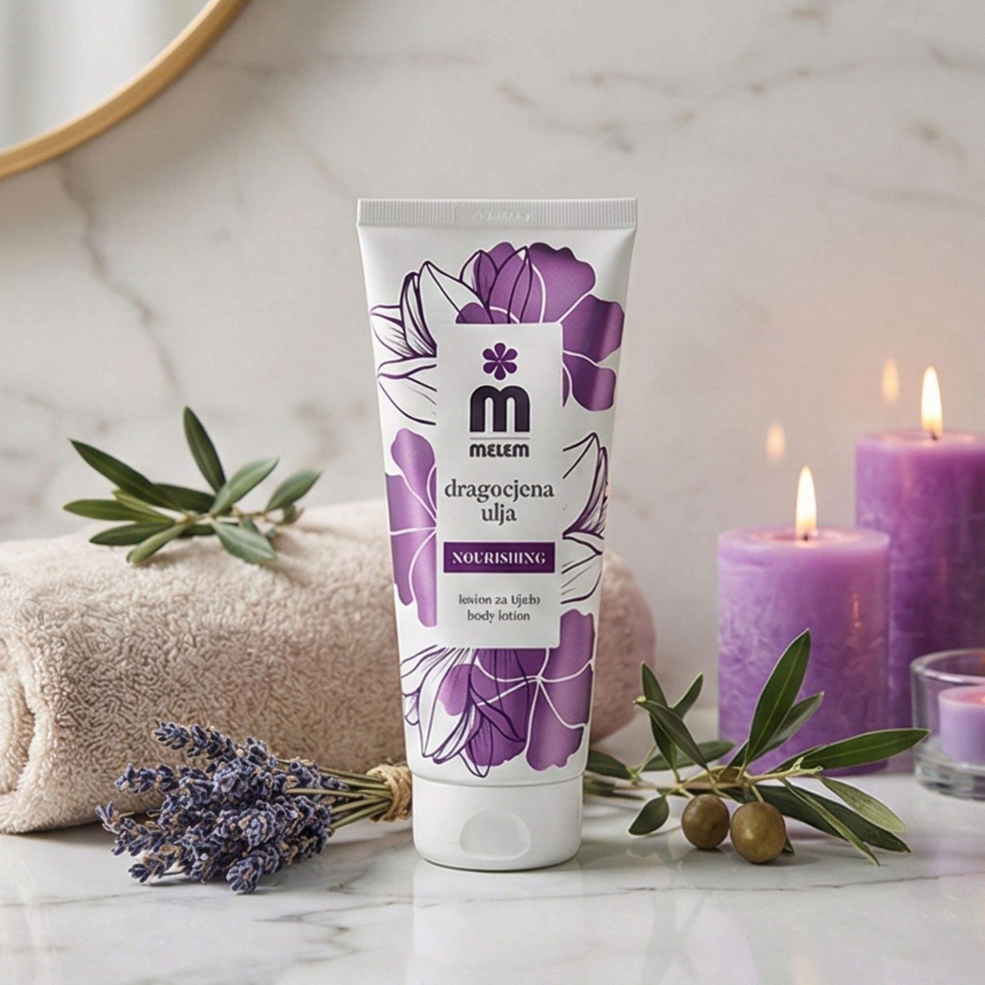 Witte tube met paars bloemmotief. Opschrift: Melem, dragocjena ulja, Nourishing body lotion. Kaarsen, olijftak en handdoek op de achtergrond.