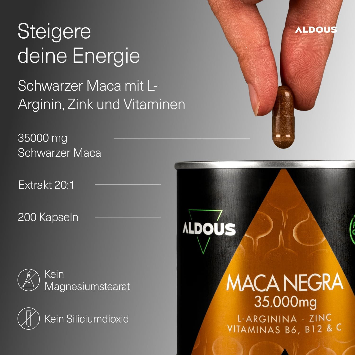 Zwarte Maca capsules: 35.000 mg, extract 20:1, 200 capsules, zonder magnesiumstearaat/siliciumdioxide.
