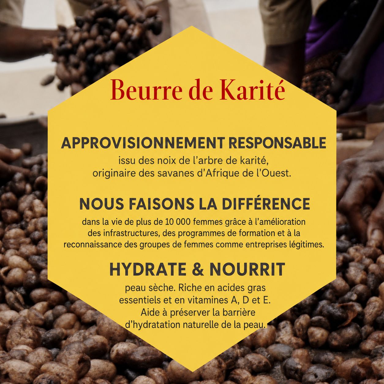 Informations sur le beurre de karité : approvisionnement responsable, hydrate et nourrit.