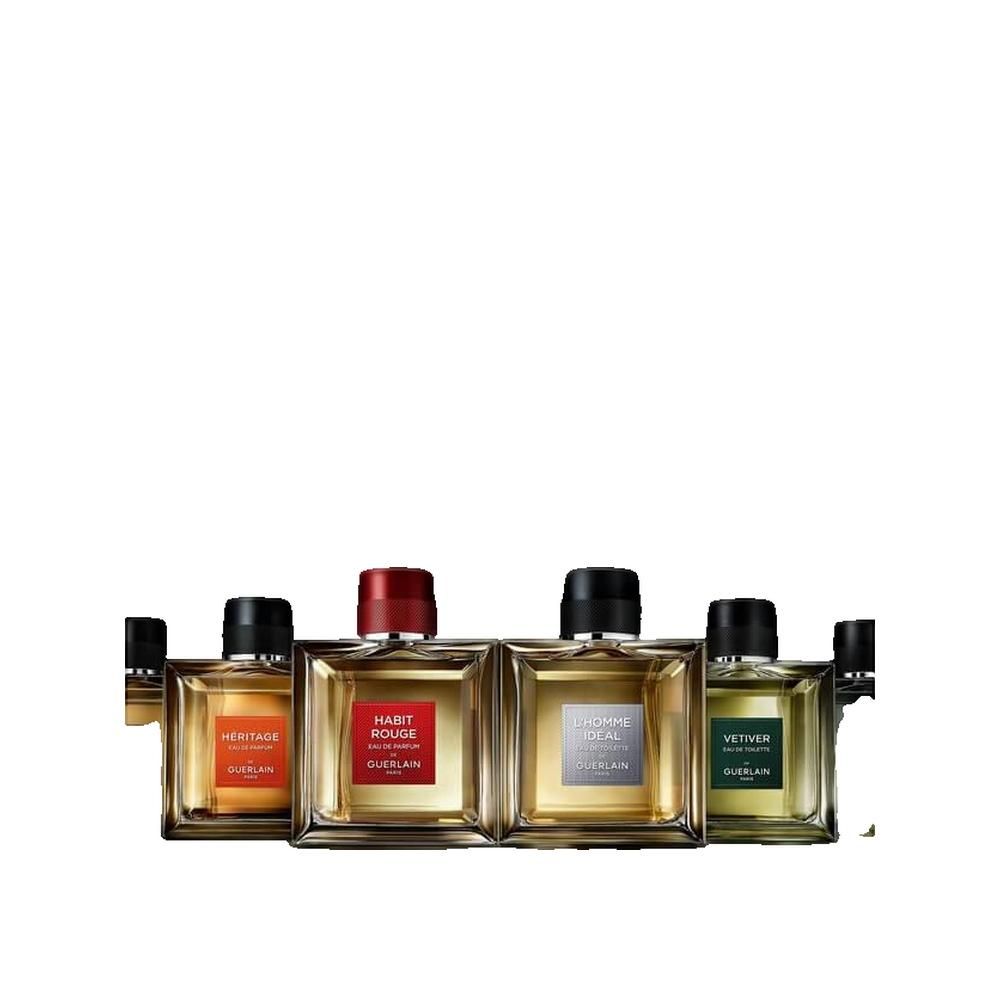 Vier Eau de Parfum flacons. Héritage, Habit Rouge, L'Homme Idéal en Vétiver. Vierkante flacons met gekleurde etiketten.