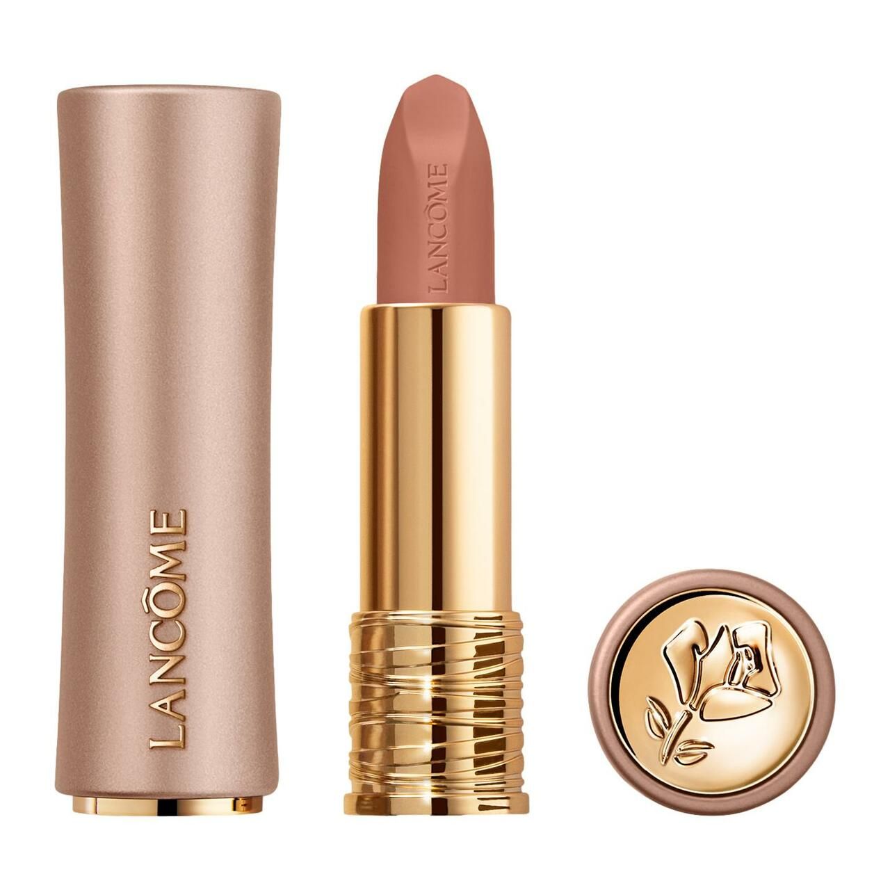 Un rouge à lèvres doré avec une teinte brun clair. Le rouge à lèvres est marqué du logo Lancôme et possède un capuchon orné.