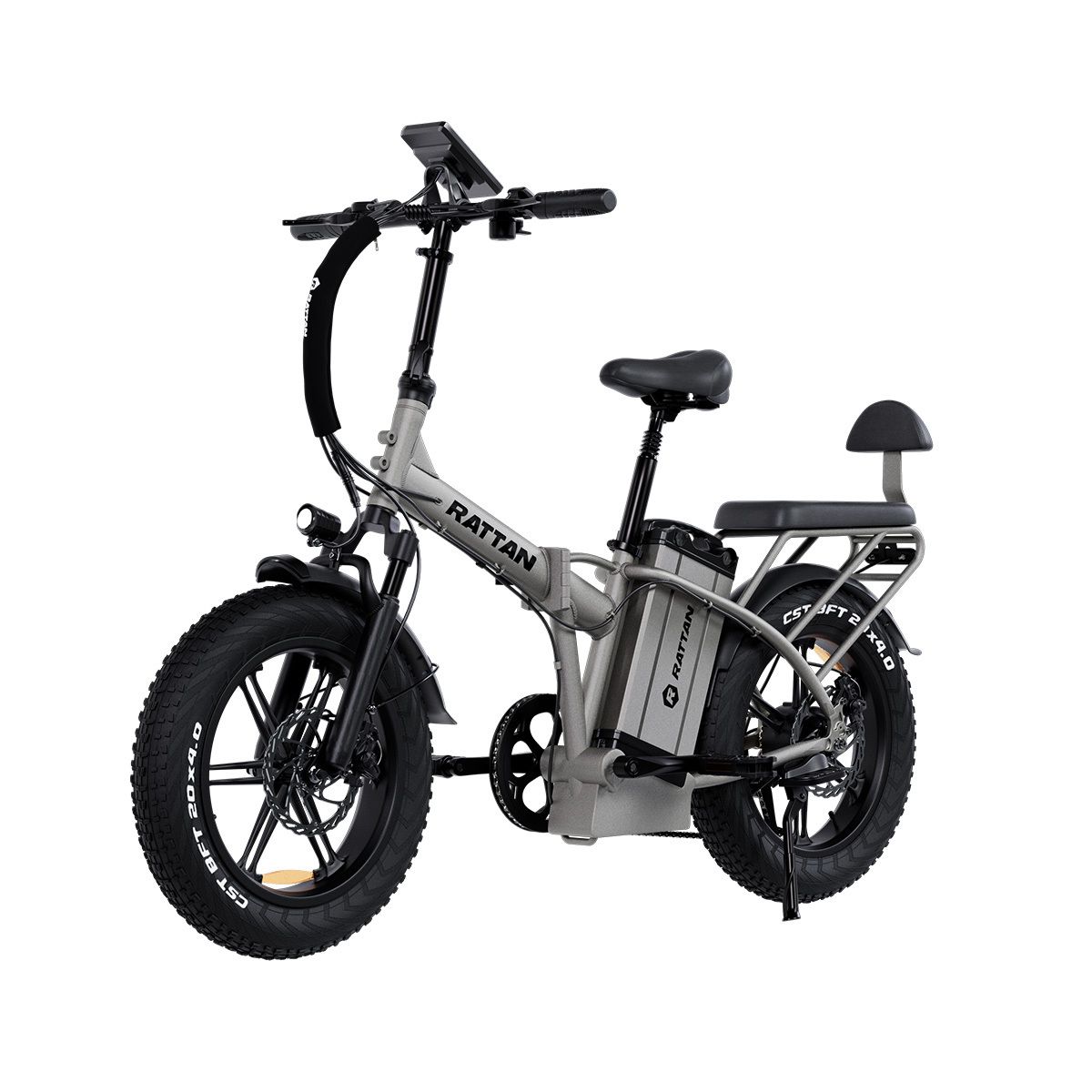 Vélo électrique pliable gris. Pneus, selle et guidon noirs. Batterie avec logo RATTAN. Porte-bagages.