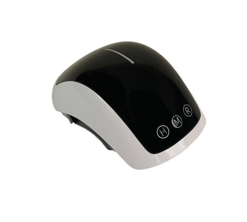 Knie-massageapparaat, zwart-wit, met bedieningsknoppen. Bovenkant gebogen, onderkant met band. Knoppen H, M, R.