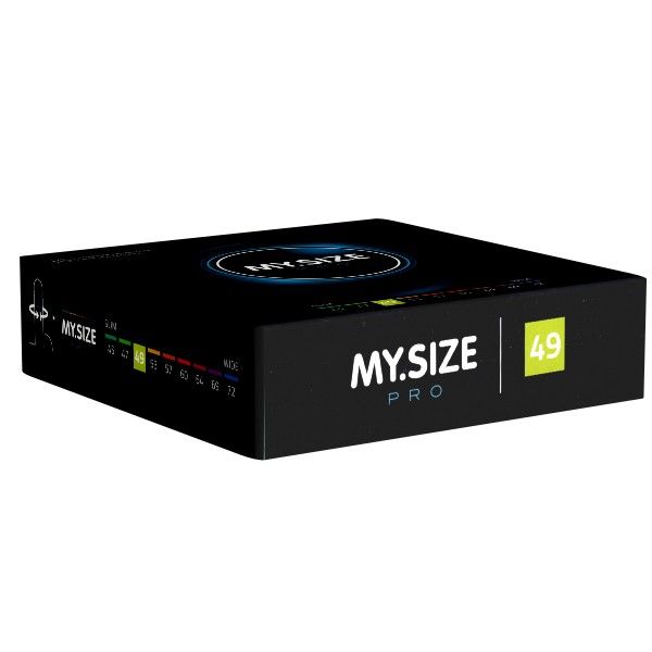 MY.SIZE PRO doos. Opschriften: 49mm, Slim tot Wide. Maatindicaties. Logo MY.SIZE PRO. Zwarte achtergrond.
