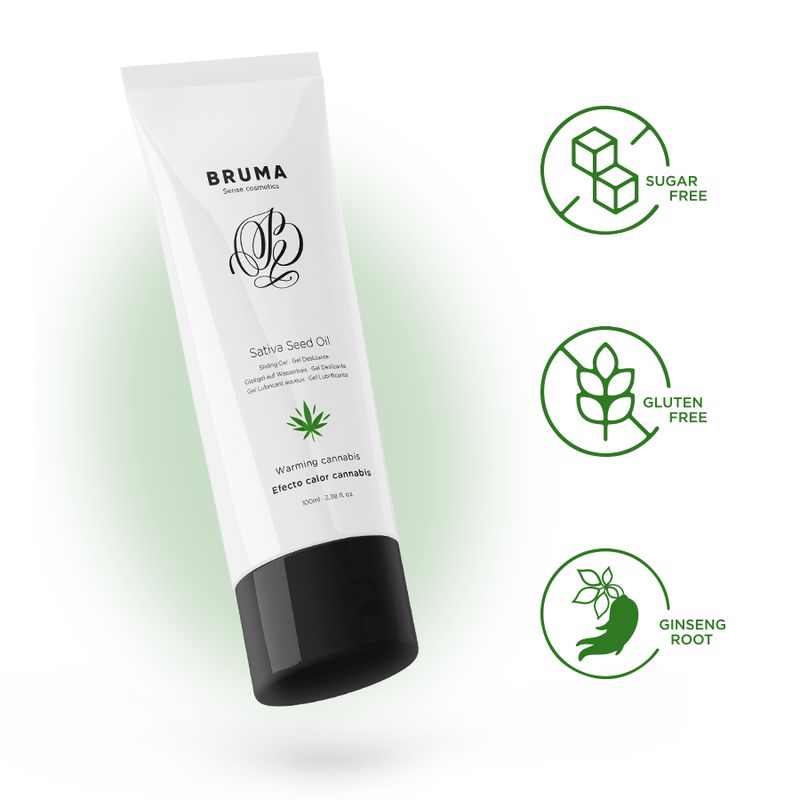 Bruma Sativa Seed Oil tube met iconen: Suikervrij, Glutenvrij, Ginsengwortel.