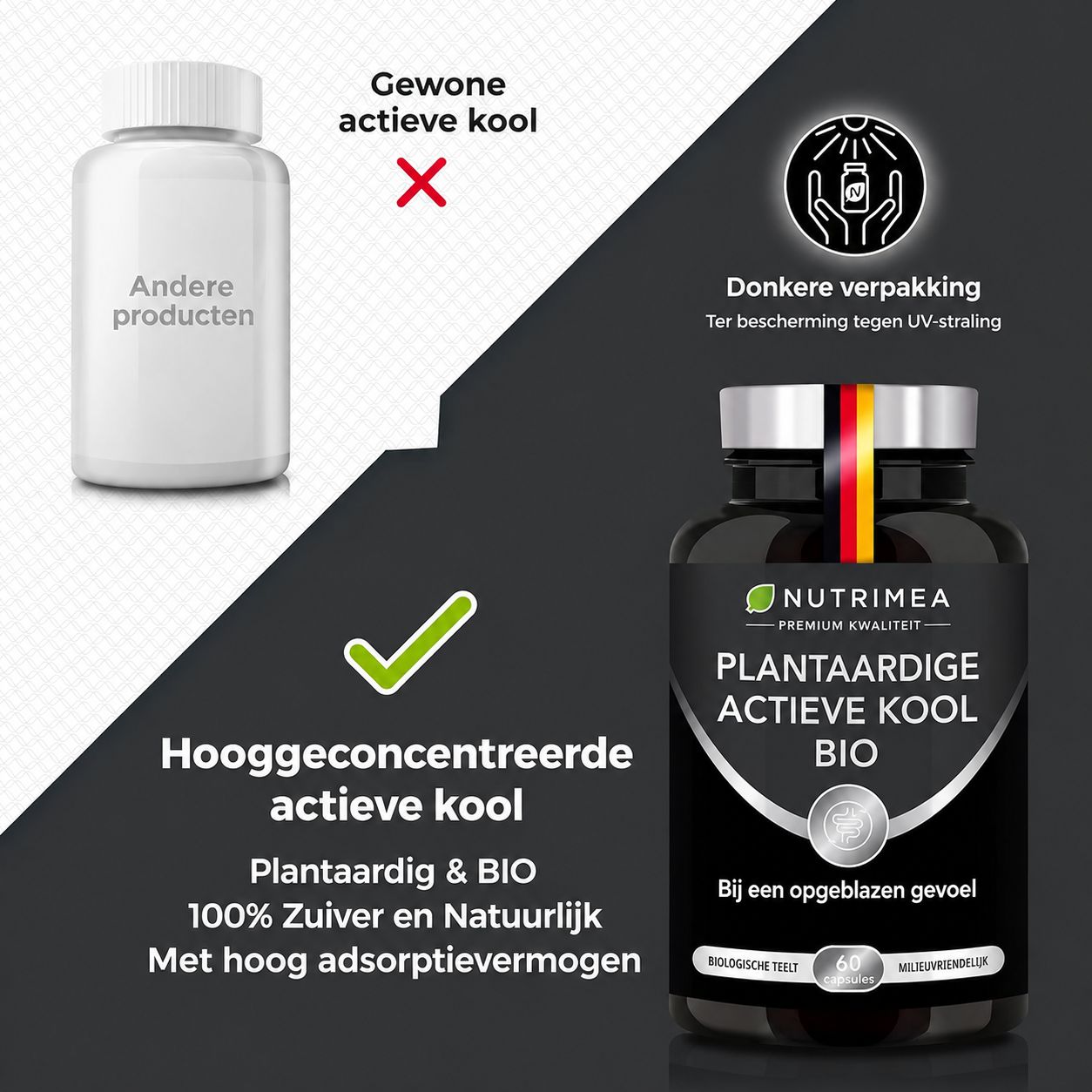 Nutrimea Actieve Kool BIO: Exclusieve formule, 100% natuurlijk, hoog absorptievermogen.