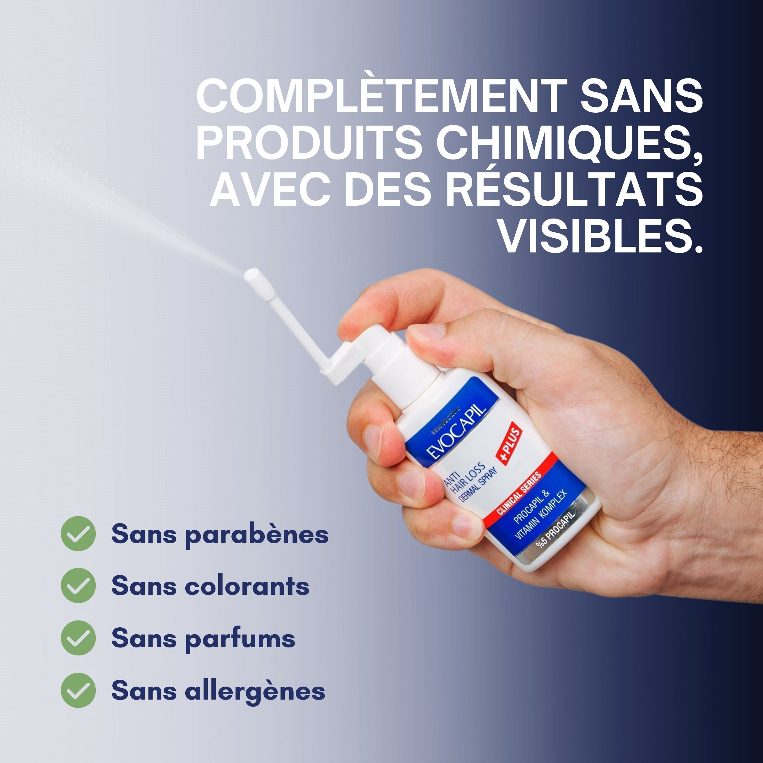 Main tenant un flacon spray. Inscription : Evocapil, Anti-chute de cheveux Dermal Spray +Plus. Texte : Sans chimie, avec résultats visibles.