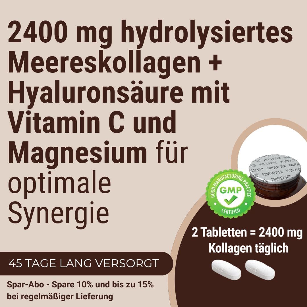 Deux comprimés à côté d'un pot. Texte: 2400 mg collagène marin hydrolysé + acide hyaluronique avec vitamine C et magnésium.