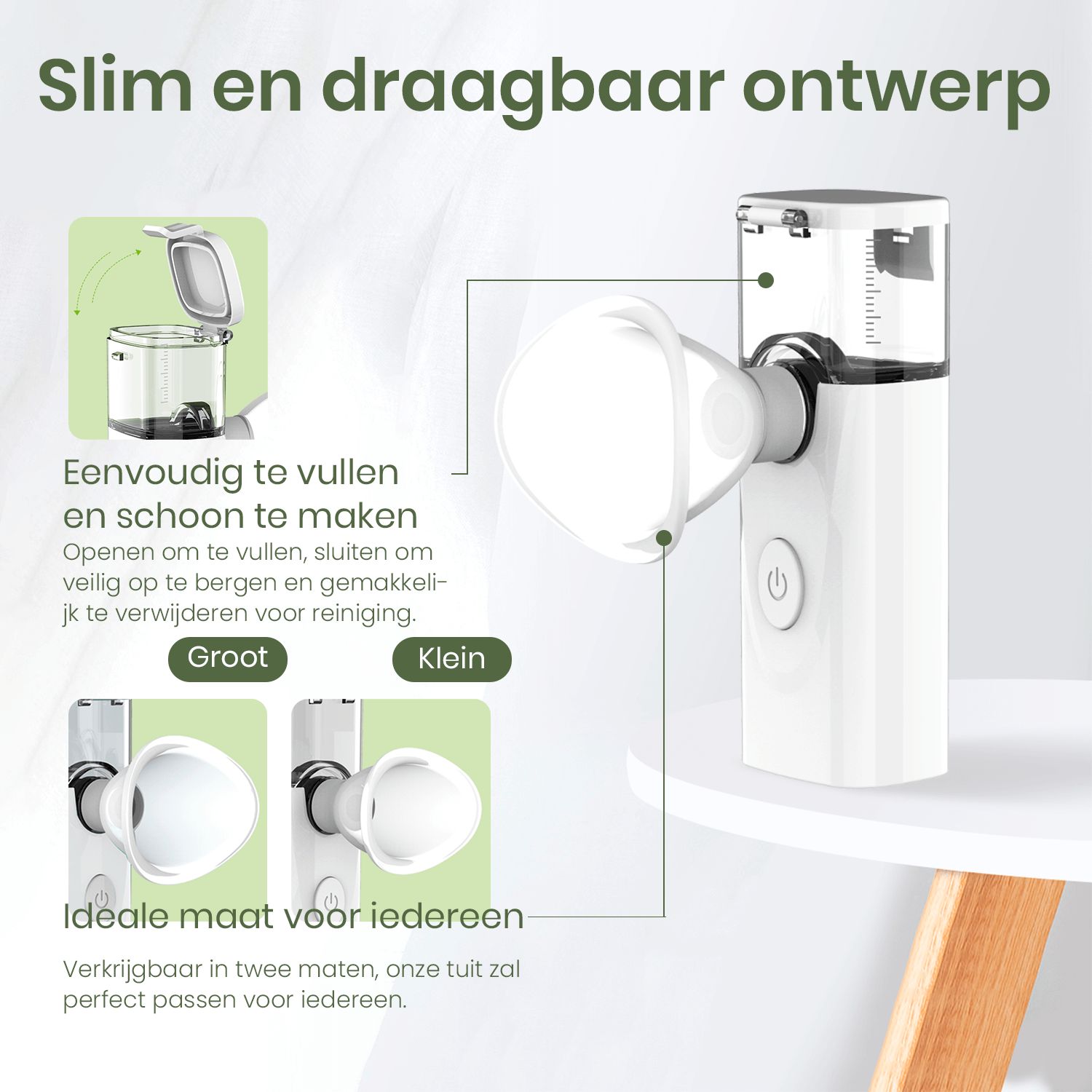 Afbeelding toont apparaat met accessoires. Beschrijft eenvoudig vullen en reinigen. Twee mondstukmaten.