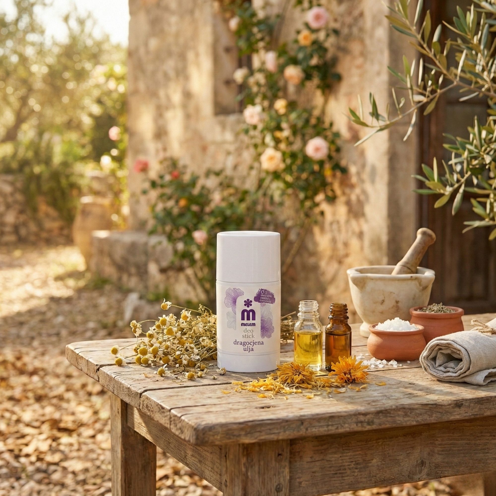 Witte deodorantstick met paars bloemmotief. Op houten tafel, met olieflessen, bloemen en vijzel.