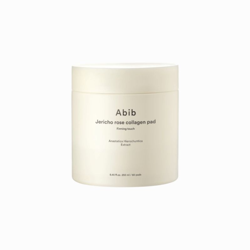 Beige pot met productinformatie. Opschrift: Abib Jericho Rose Collagen Pad. 60 pads.
