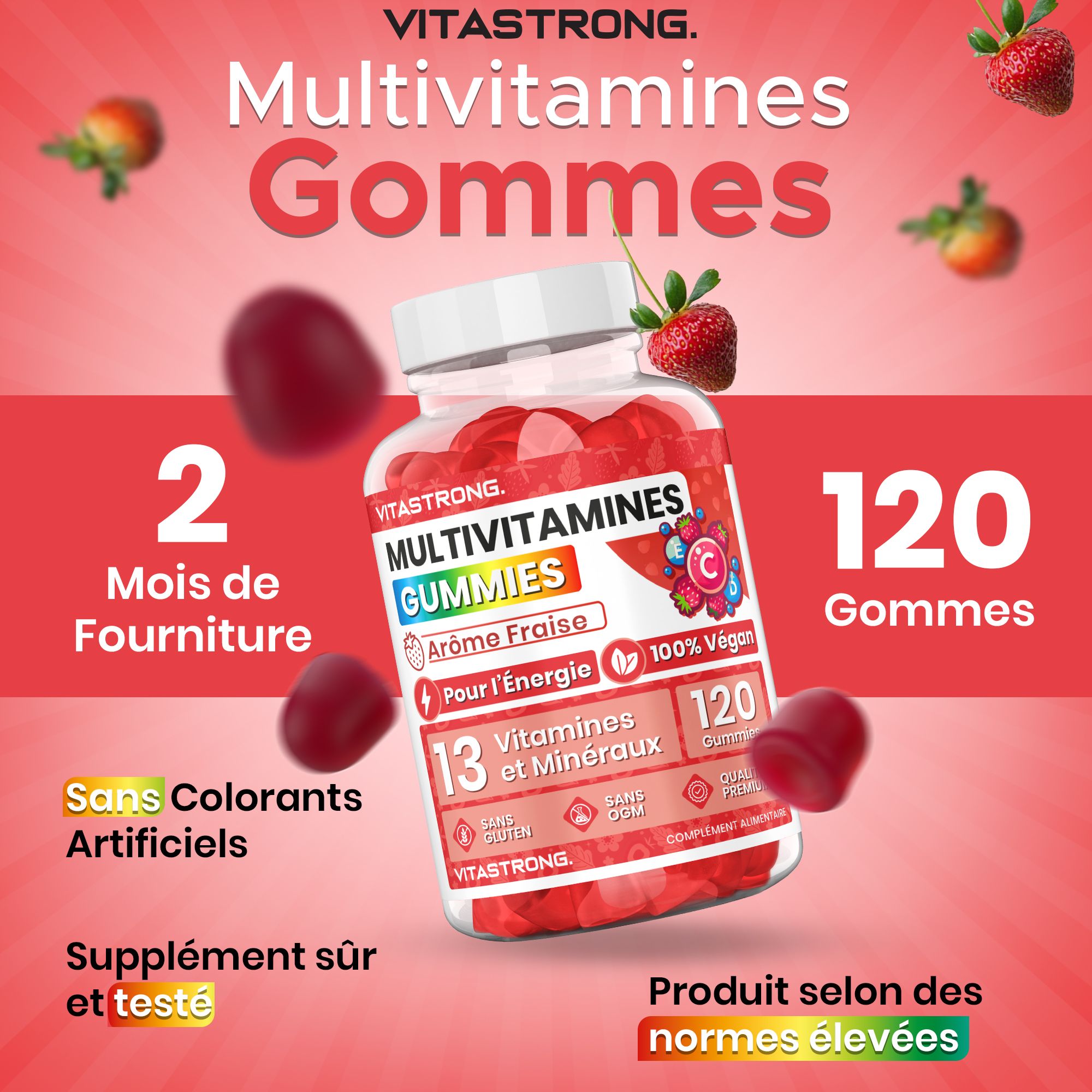 Vitastrong Multivitamine Gummies, aardbeiensmaak, 120 gummies. 2 maanden voorraad. Zonder kunstmatige kleurstoffen. Veilig en getest.
