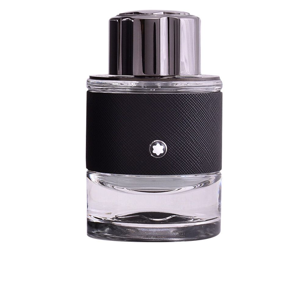 Montblanc Explorer Eau de Parfum fles. Zwarte fles met zilveren dop. Logo op de fles.