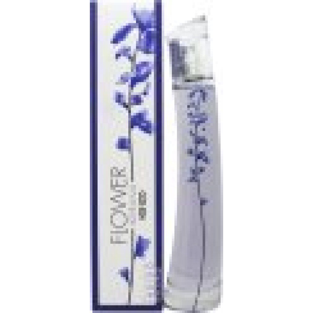 Parfumfles en verpakking. Fles met blauwe bloemdecoratie. Verpakking met opschrift Flower Ikebana Indigo.