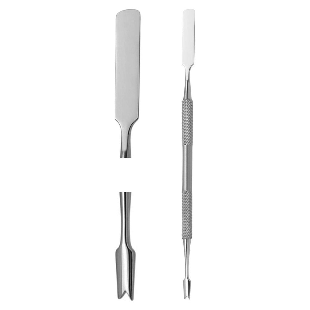 Nagelriemduwer & spatel. Roestvrij staal, dubbelzijdig. Spatel- en duweinde. Gekarteld handvat. Losse onderdelen.