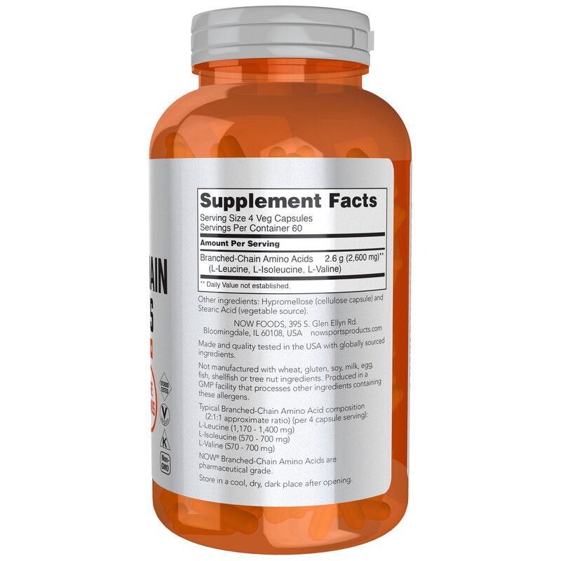 Dos d'un flacon orange. Étiquette avec informations nutritionnelles et ingrédients. Logo NOW FOODS.