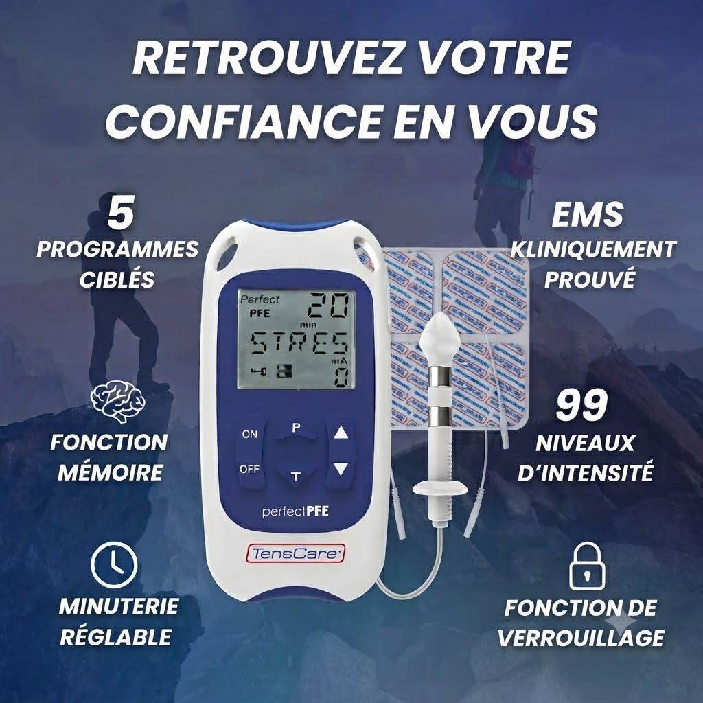 Un appareil EMS blanc et bleu avec écran LCD, électrodes TENS et une sonde vaginale. Affiche 5 programmes, 99 niveaux d'intensité.