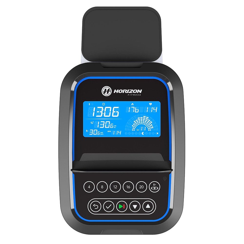 Écran de crosstrainer. Logo Horizon Fitness. Rétroéclairage bleu. Affiche temps, vitesse, calories. Panneau noir.