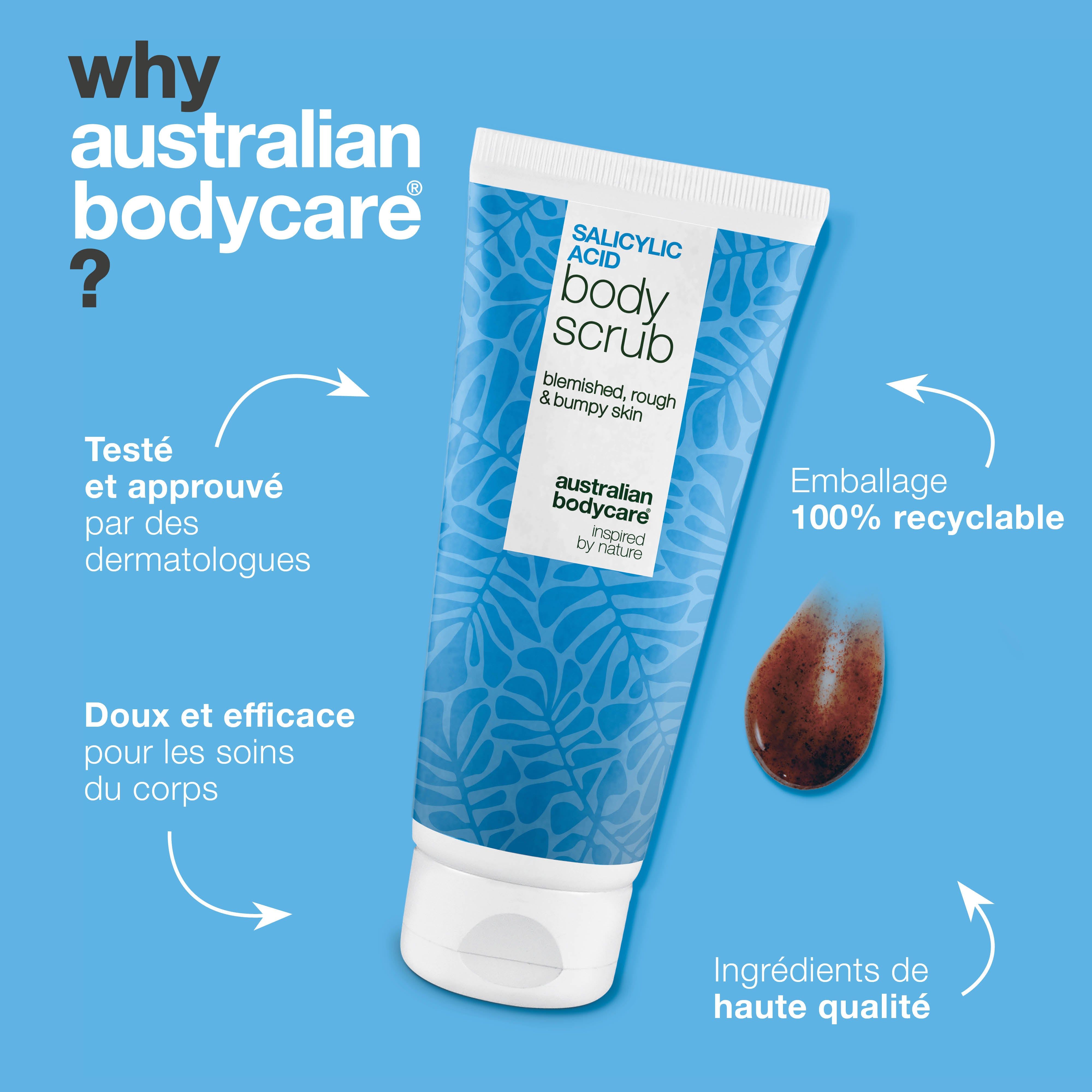 Tube de gommage corporel. Texte: Pourquoi Australian Bodycare ? Flèches pointent vers: dermatologues, emballage, ingrédients.