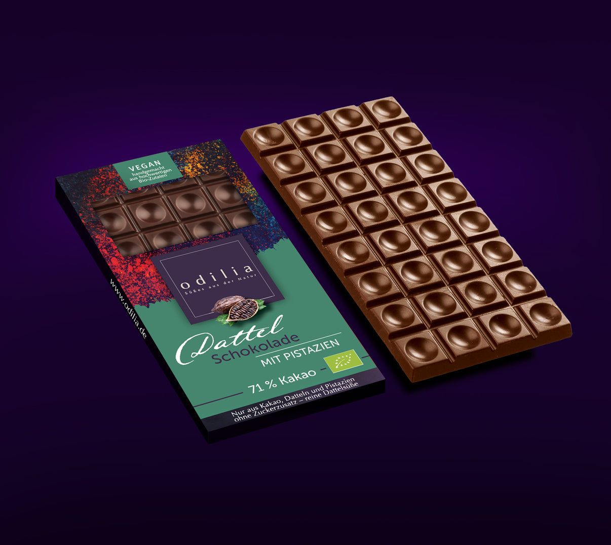 odilia Chocolat bio aux dattes et à la pistache, 71 % de cacao
