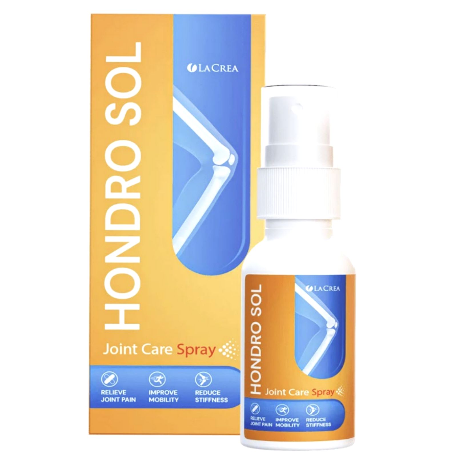 Productfles en verpakking. Witte fles met verstuiver naast een oranje-bruine doos. Tekst: "Hondro Sol", "Joint Care Spray".