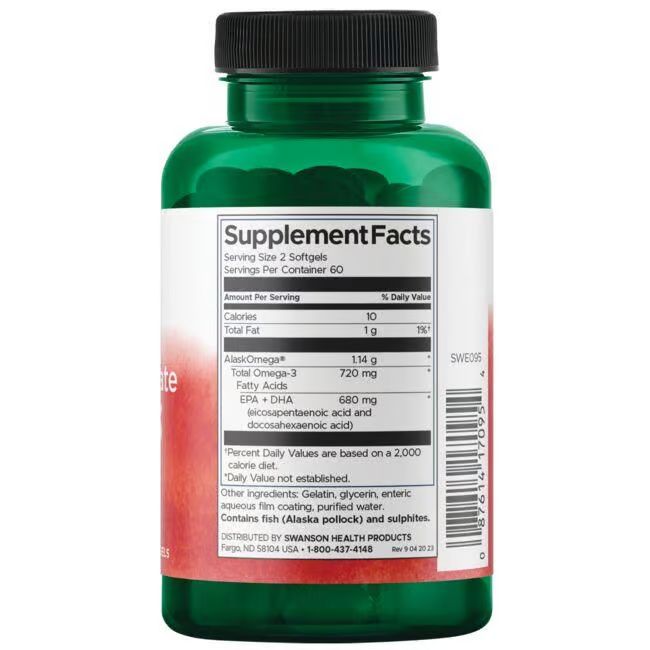 Dos du flacon vert. Étiquette avec informations nutritionnelles. Contient du lieu noir d'Alaska et sulfites. Fabriqué par SWANSON.