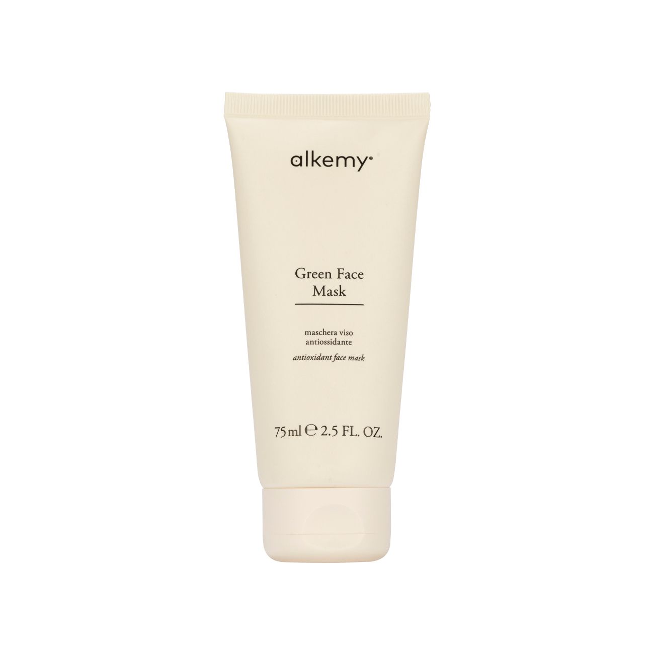 Tube blanc Alkemy Green Face Mask avec texte sur fond blanc.