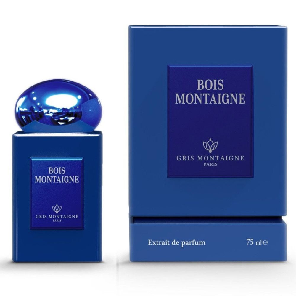 Flacon bleu et boîte. Inscription: Bois Montaigne, Gris Montaigne Paris. Extrait de parfum, 75 ml.