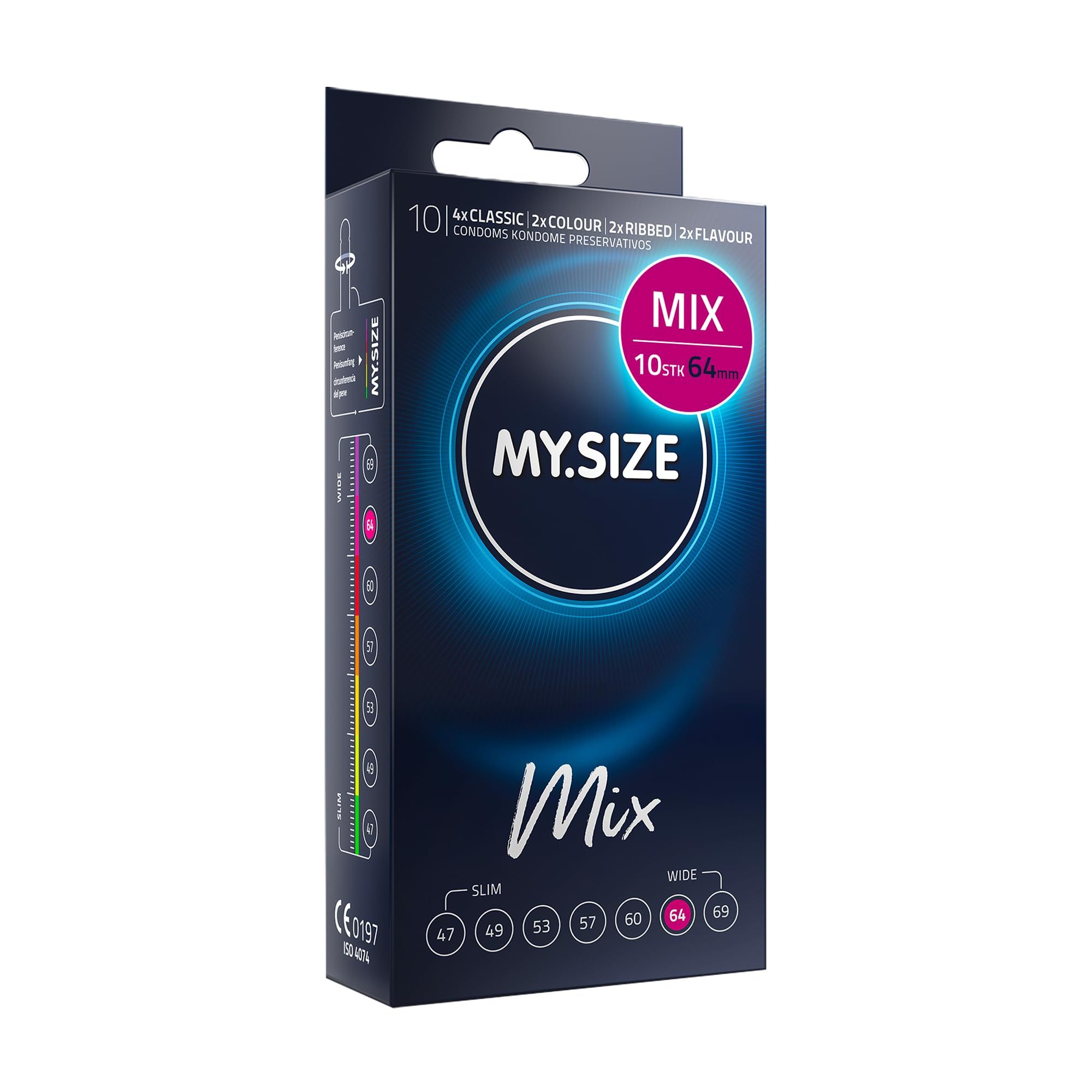 Pack de préservatifs MY.SIZE Mix, 10 pièces, largeur 64mm. Contient les variantes Classic, Colour, Ribbed et Flavour.