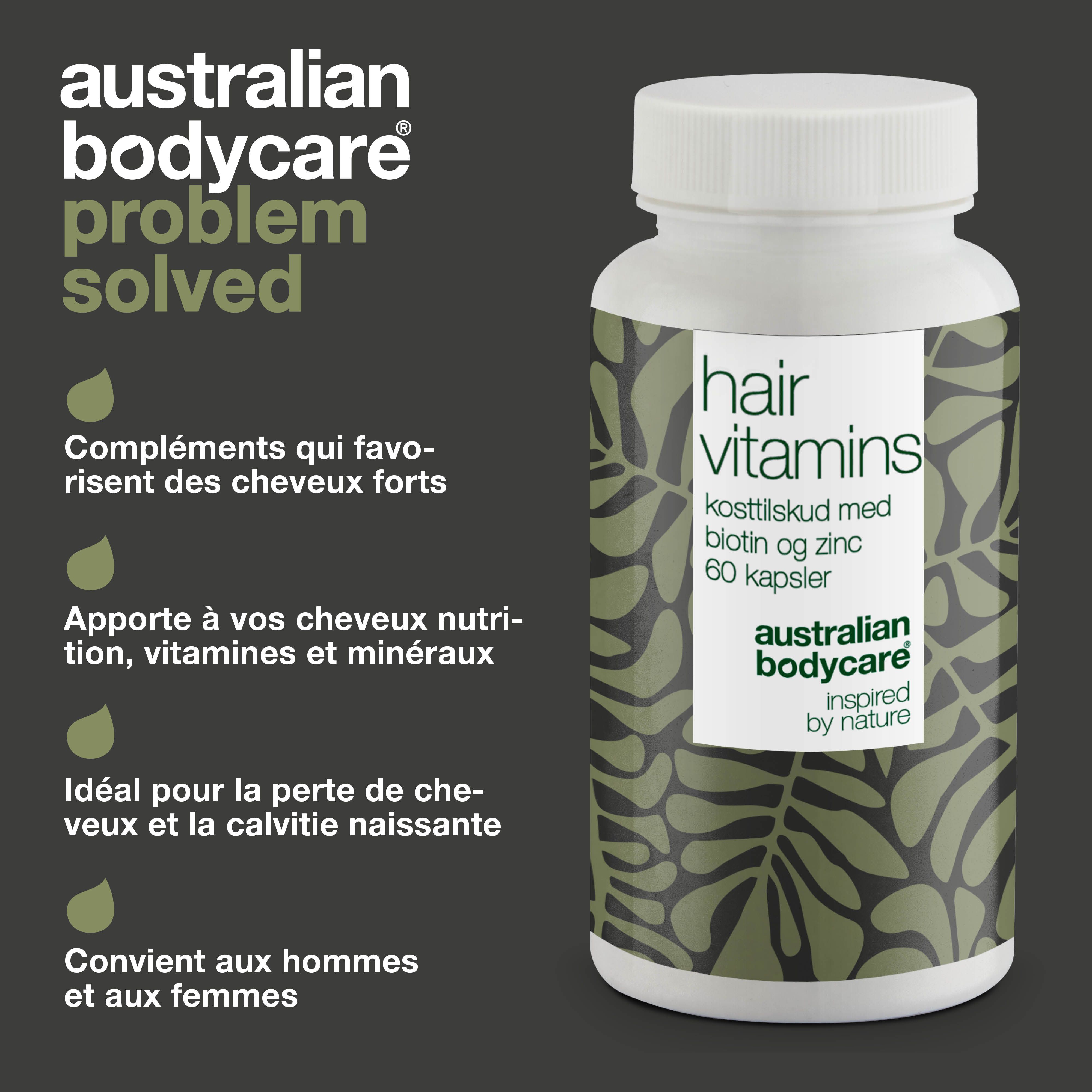 Un flacon "hair vitamins" avec du texte et des gélules. Le texte "Australian Bodycare" est visible.