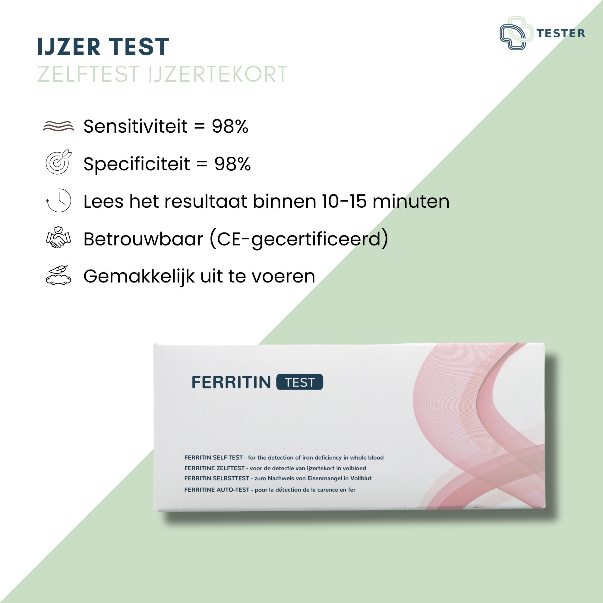 Infographie sur le test de la ferritine. Comprend des informations sur la sensibilité, la spécificité, le résultat du test et la certification CE. Boîte avec l'inscription FERRITIN TEST.